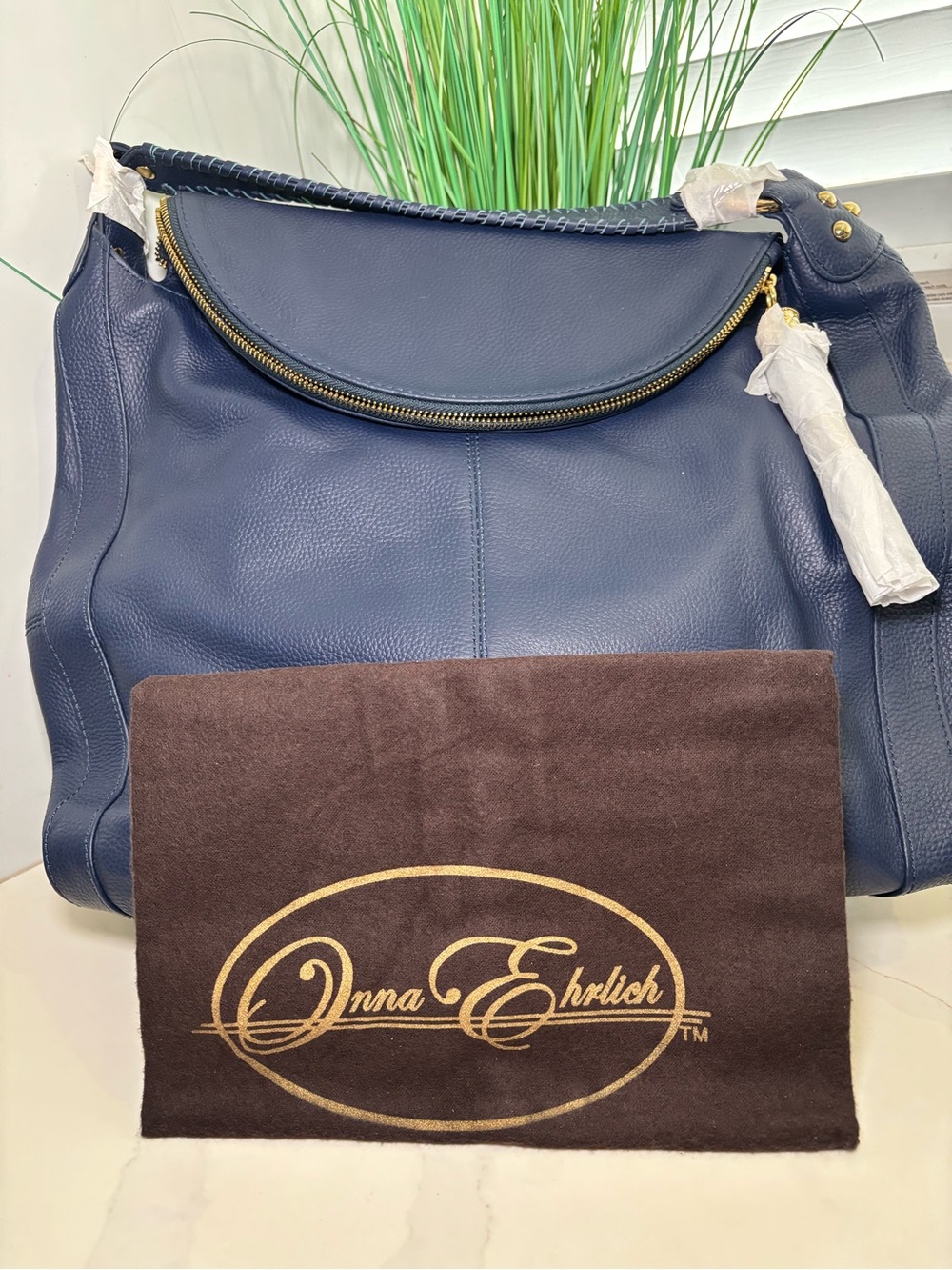 NWT Onna Ehrlich Navy Blue Leather Rachel Hobo Bag Convertible Crossbody Tote